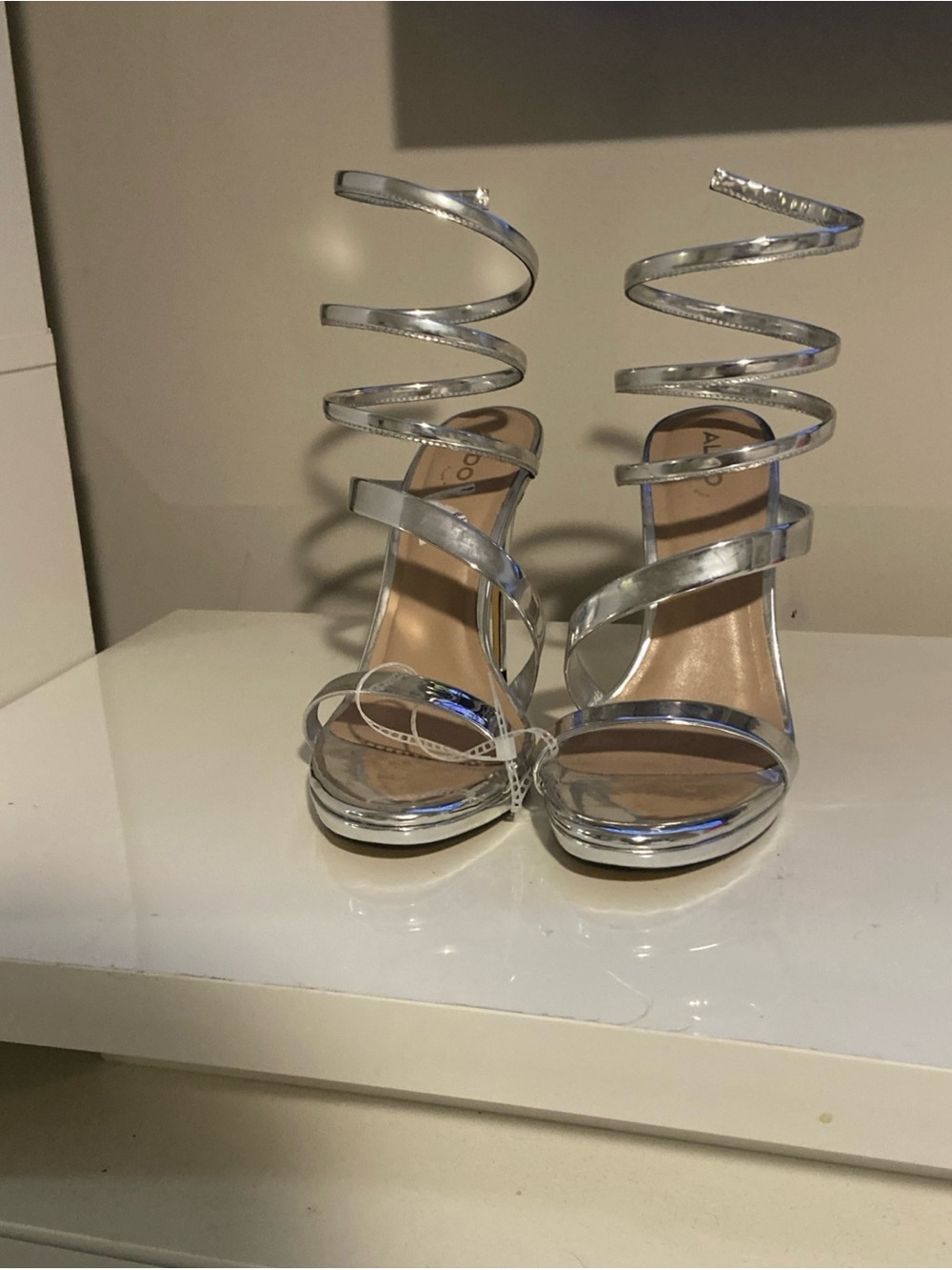 Aldo Silver Spiral Strap Women's High Heel Sandals NEW without tags